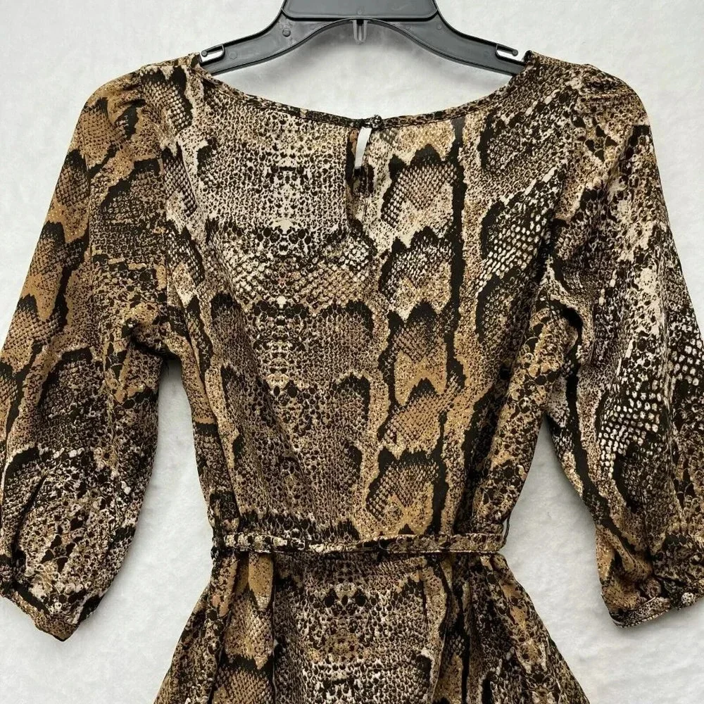 H&M Mini Dress Women's Sz 4 Brown Snake Print 3/4 Sleeve Scoop Neck Tie Waist - Picture 10 of 11